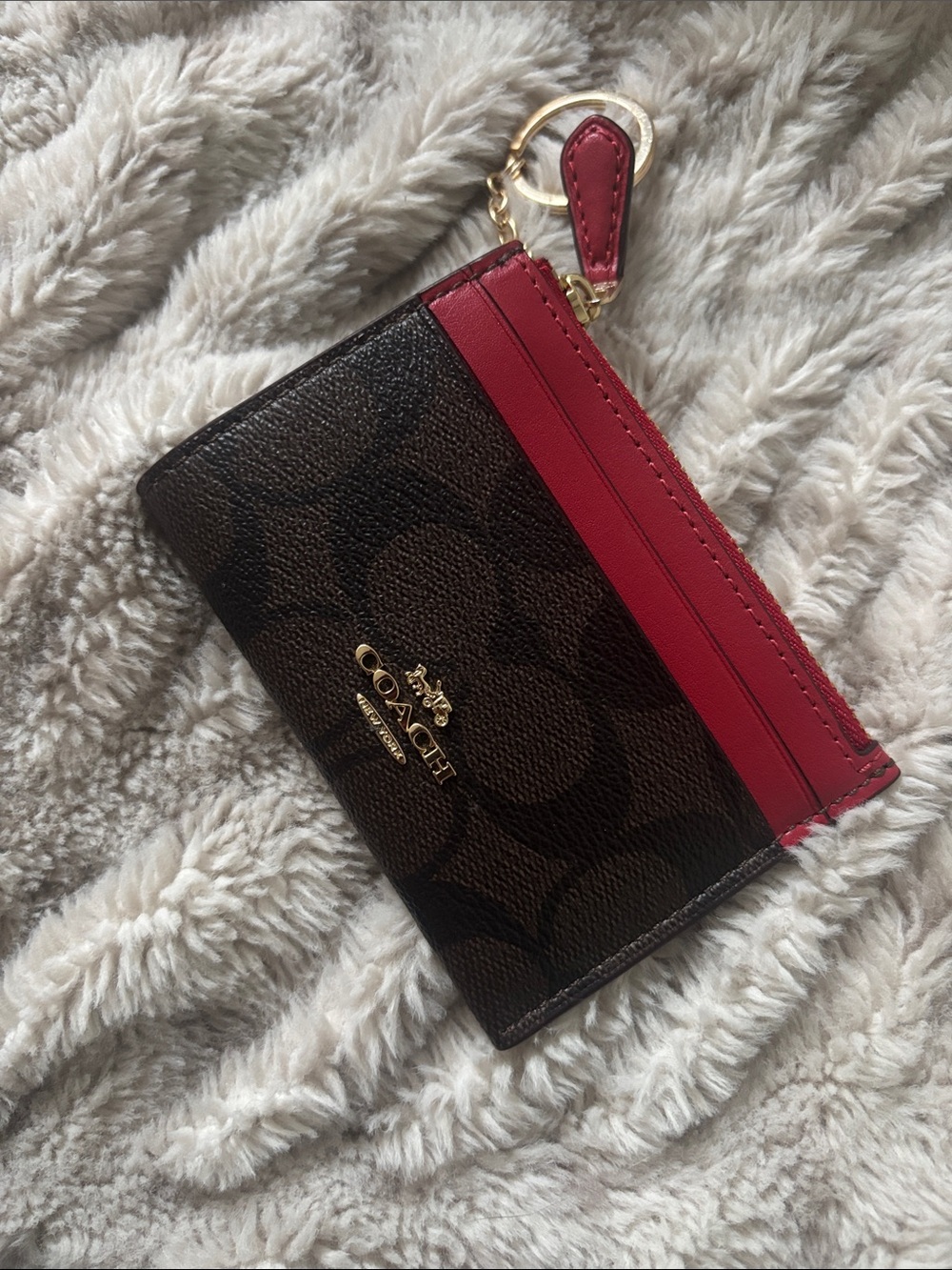 Coach Brown Signature Card Case with Red Trim and Key Ring